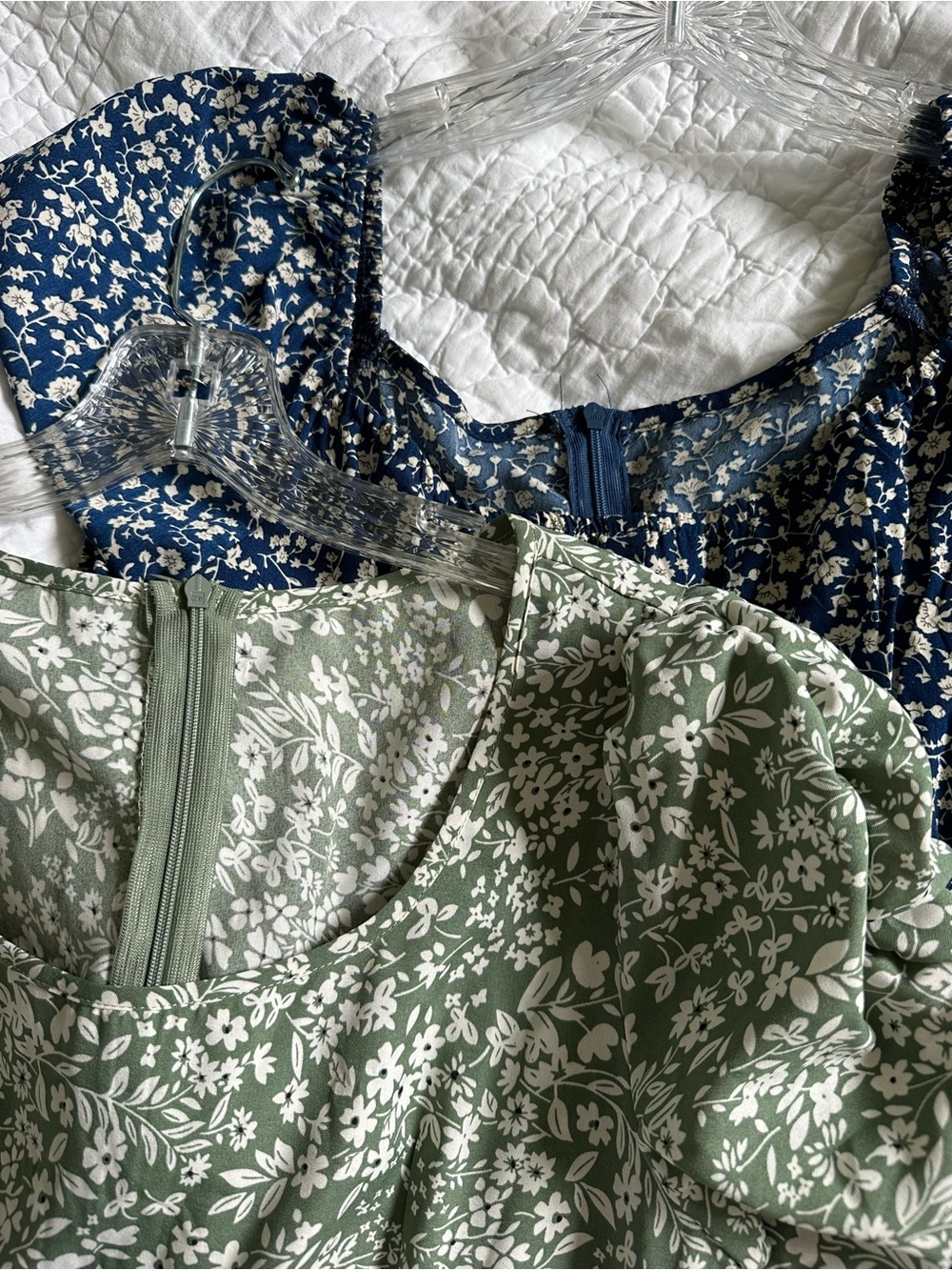 TWO Floral Puff-Sleeve Dresses - Blue and Green